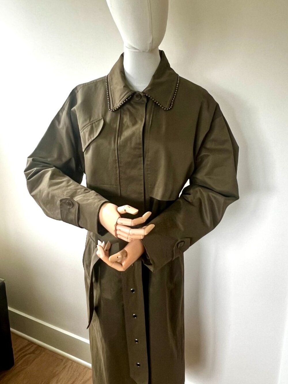 Badgley Mischka Cotton Blend Trench Coat – Size S– Olive-Gray